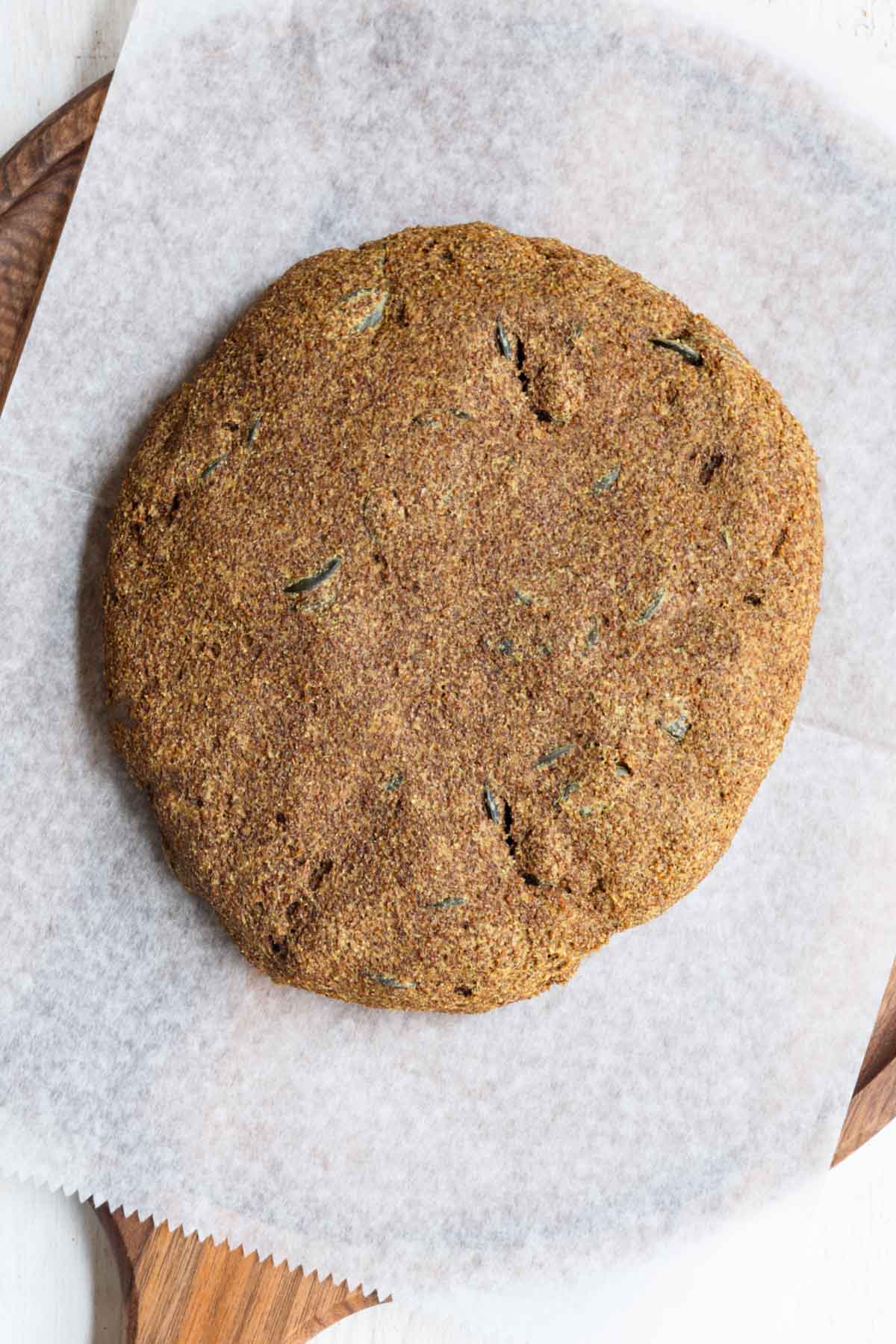 Gluten free teff bread on a cutting board.