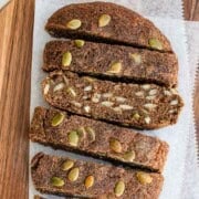 Sliced teff bread on a cutting board.