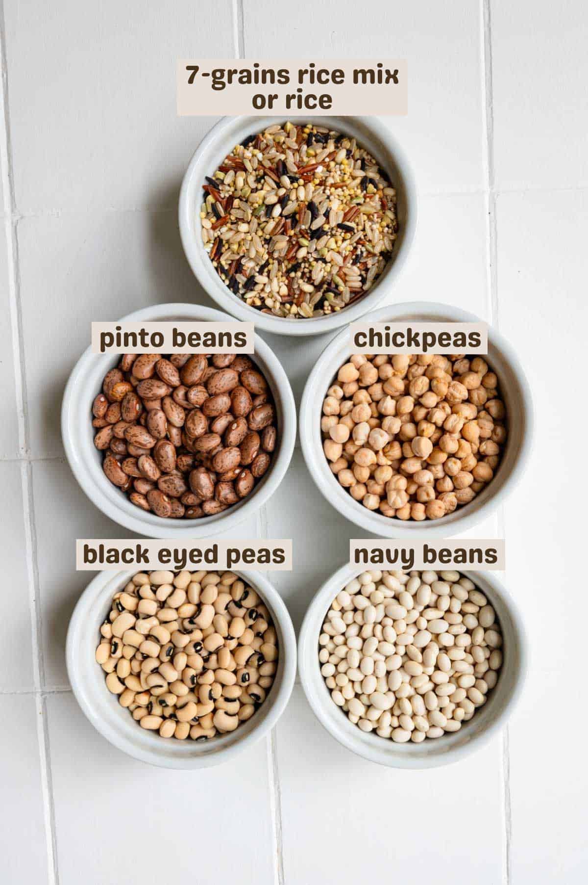 Seven grains mix with rice, chickpeas, navy beans, black eyed peas, and pinto beans.