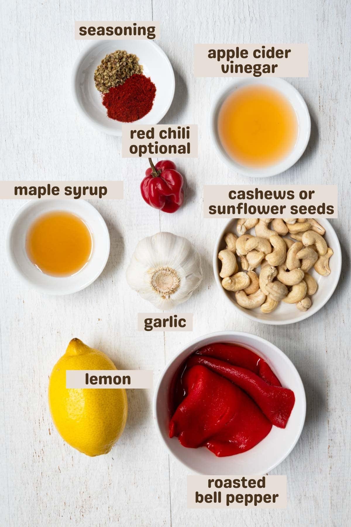 Cashews, roasted bell pepper, garlic, apple cider vinegar, lemon, red chili pepper, and maple syrup.