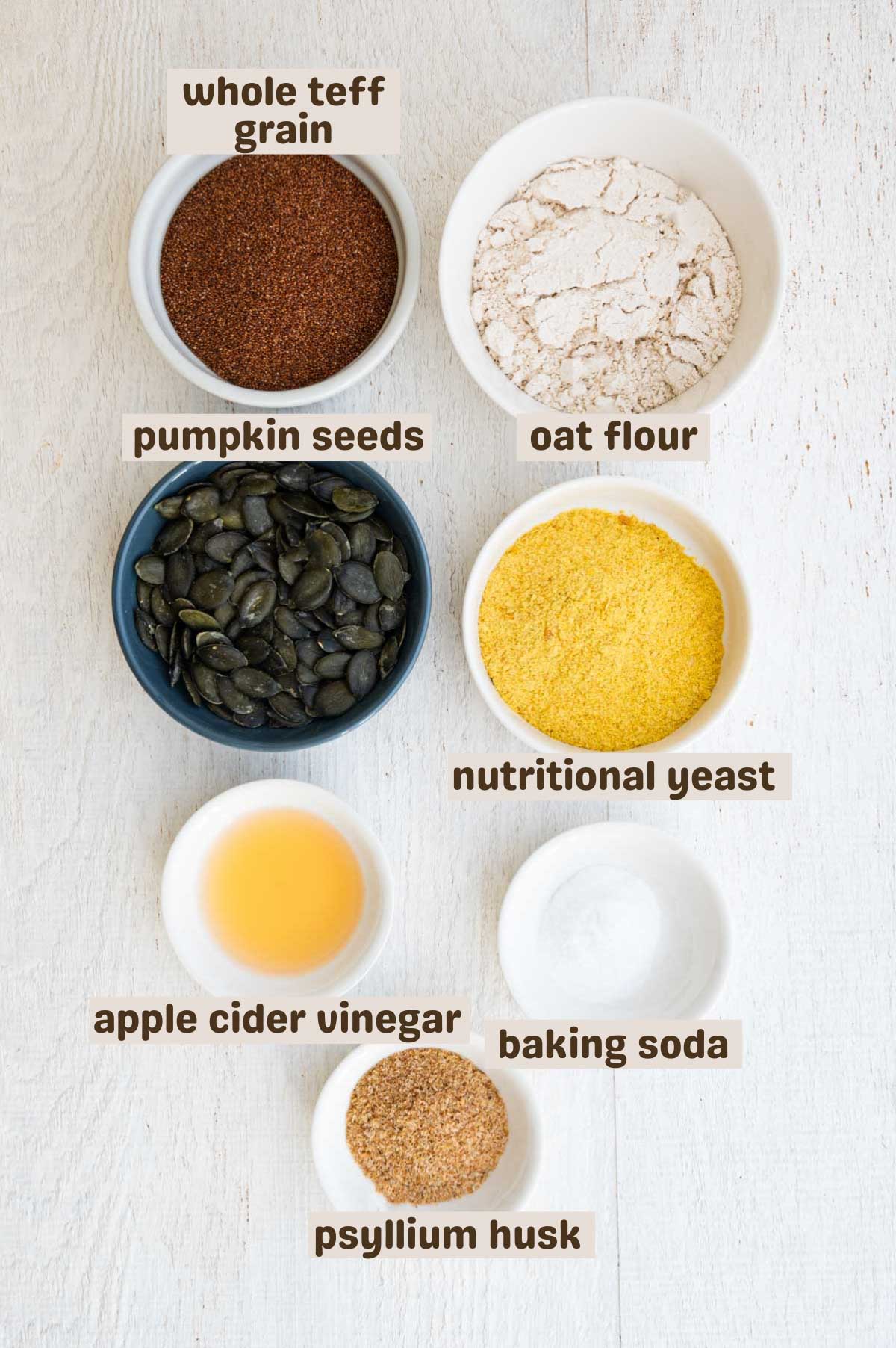 Whole grain teff, oat flour, apple cider vinegar, psyllium husk, nutritional yeast, baking soda, and pumpkin seeds.