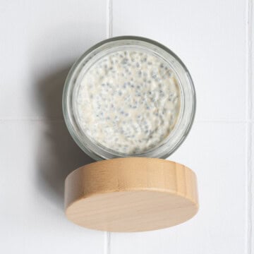 Creamy high-protein savory chia pudding in a jar.