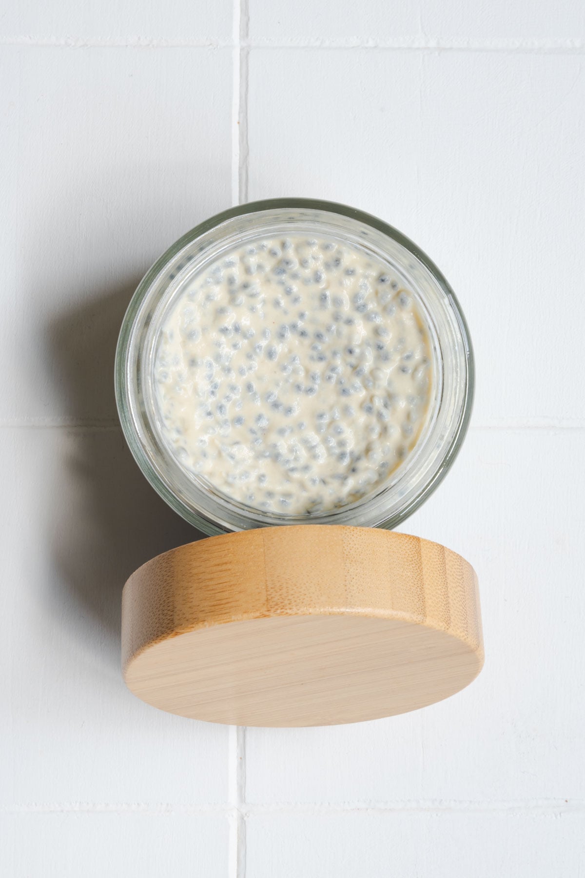 Creamy high-protein savory chia pudding in a jar.