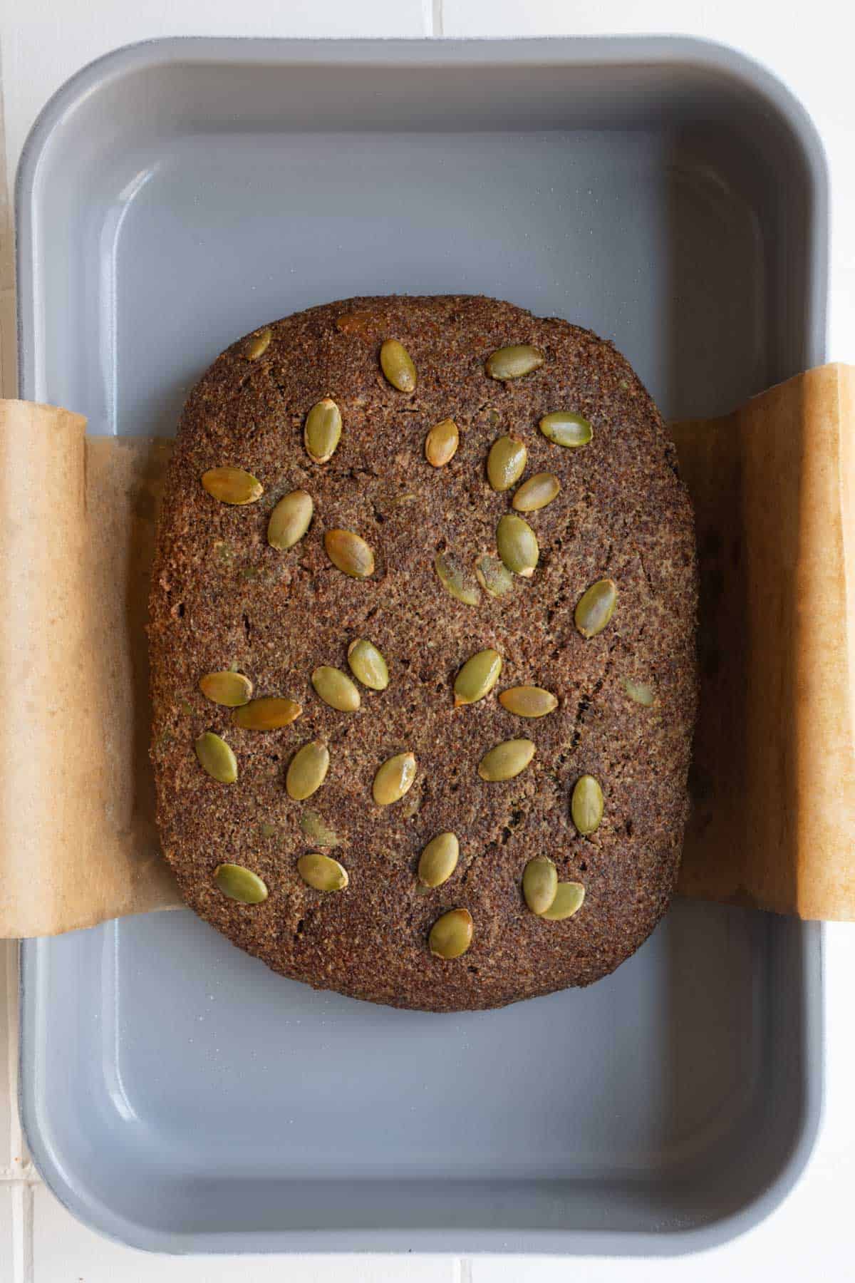 Baked Teff Bread in a baking pan.