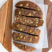 Sliced teff bread on a cutting board.