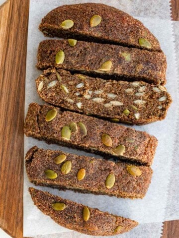 Sliced teff bread on a cutting board.
