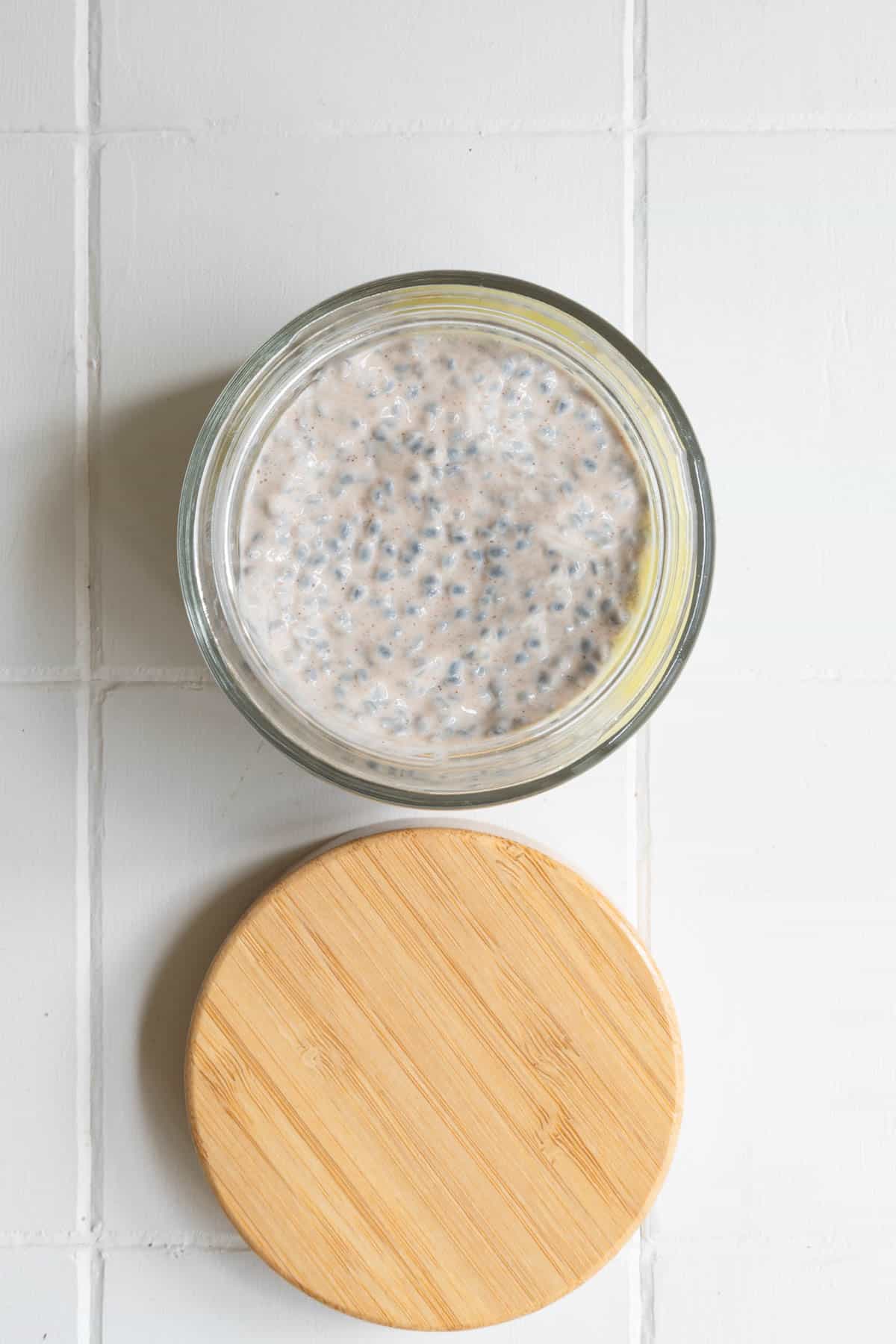 Basil seeds pudding in a glass container.