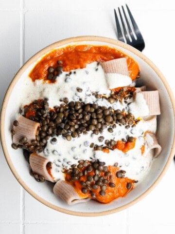 Creamy Tomato-Okra Lentil Pasta in a bowl.