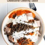 Creamy Tomato-Okra Lentil Pasta in a bowl.