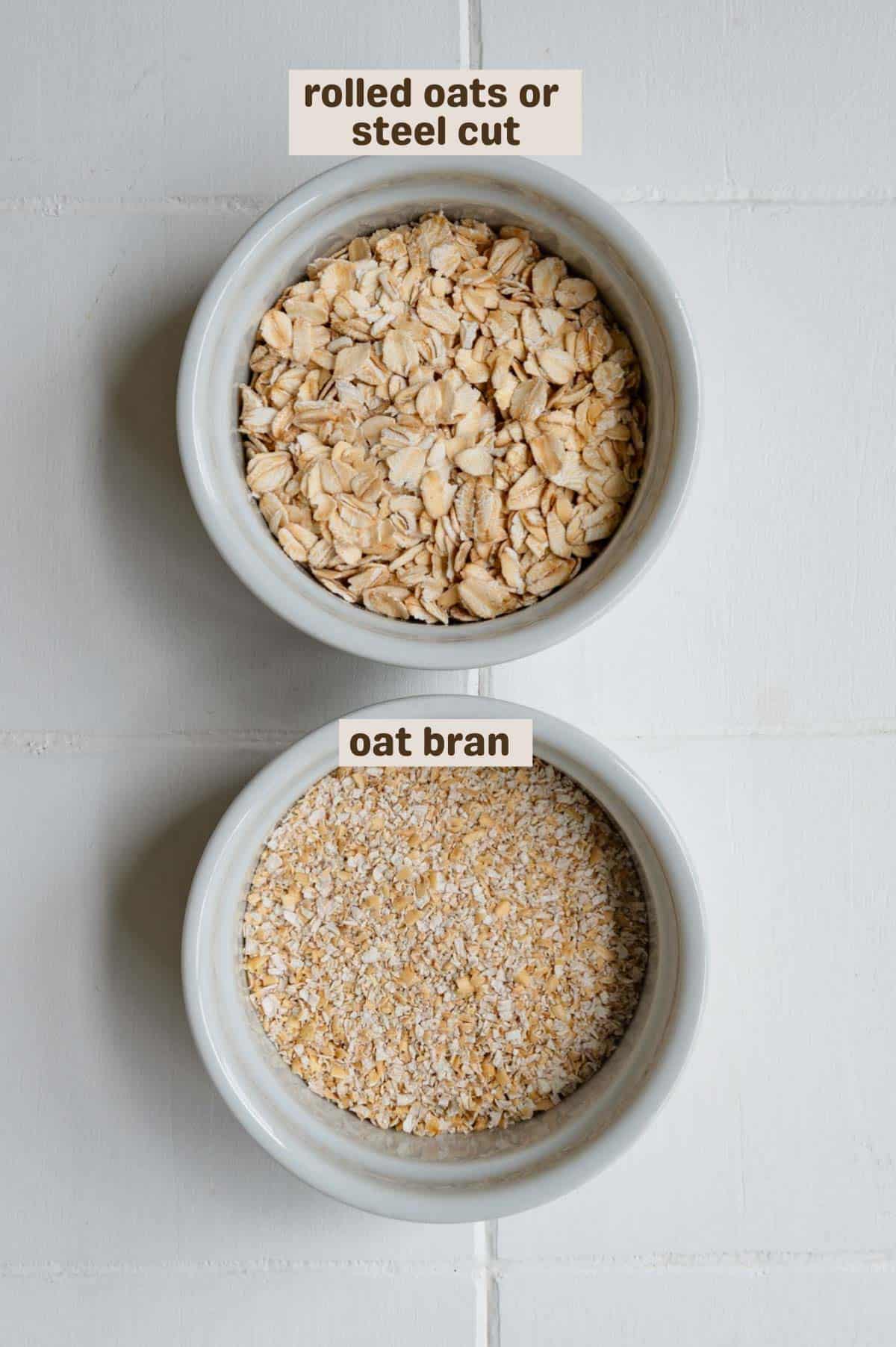 Rolled oats and oat bran in two ramekins.