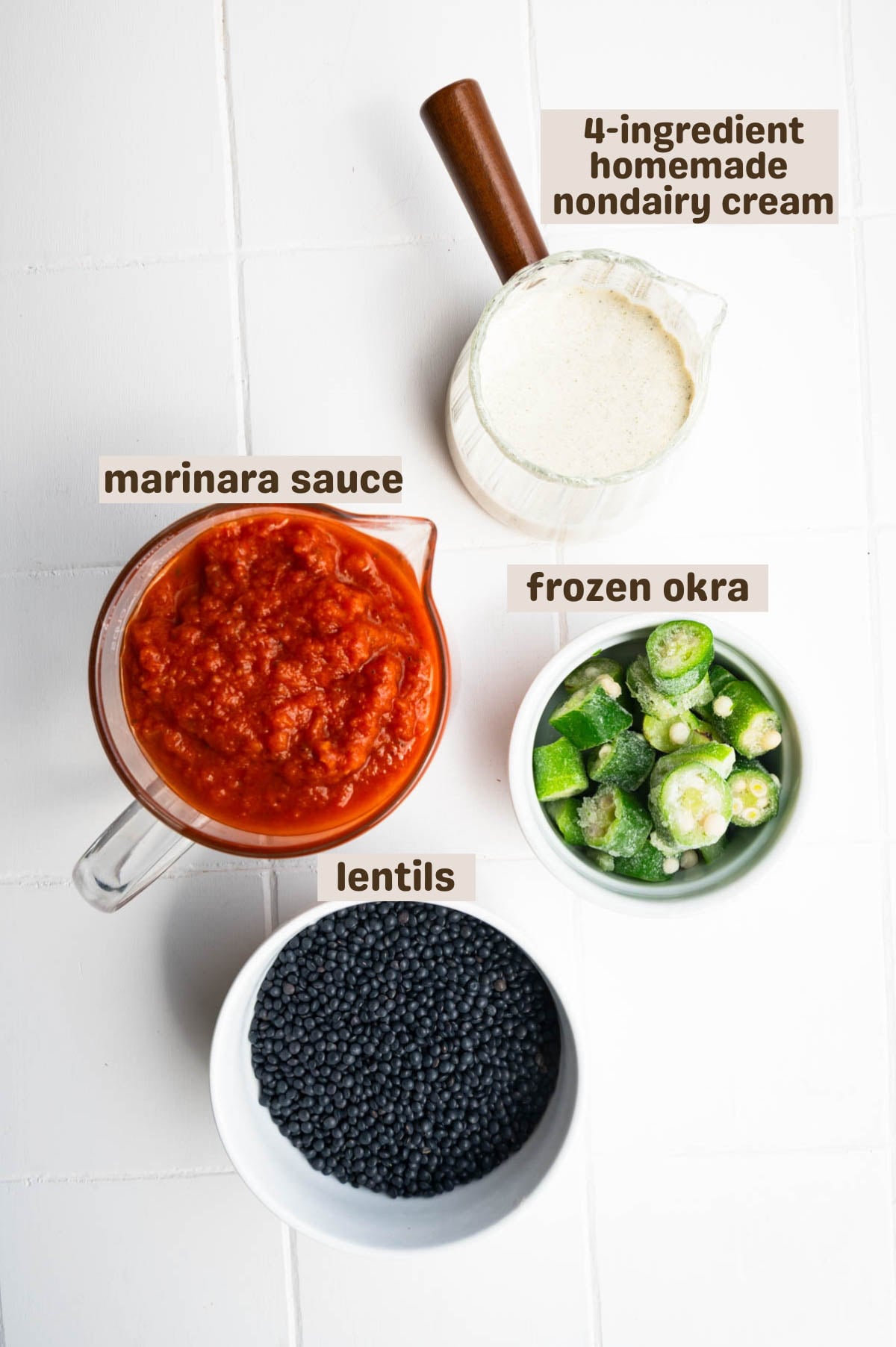 Quick nondairy cream with lentils, marinara sauce, and frozen okra.