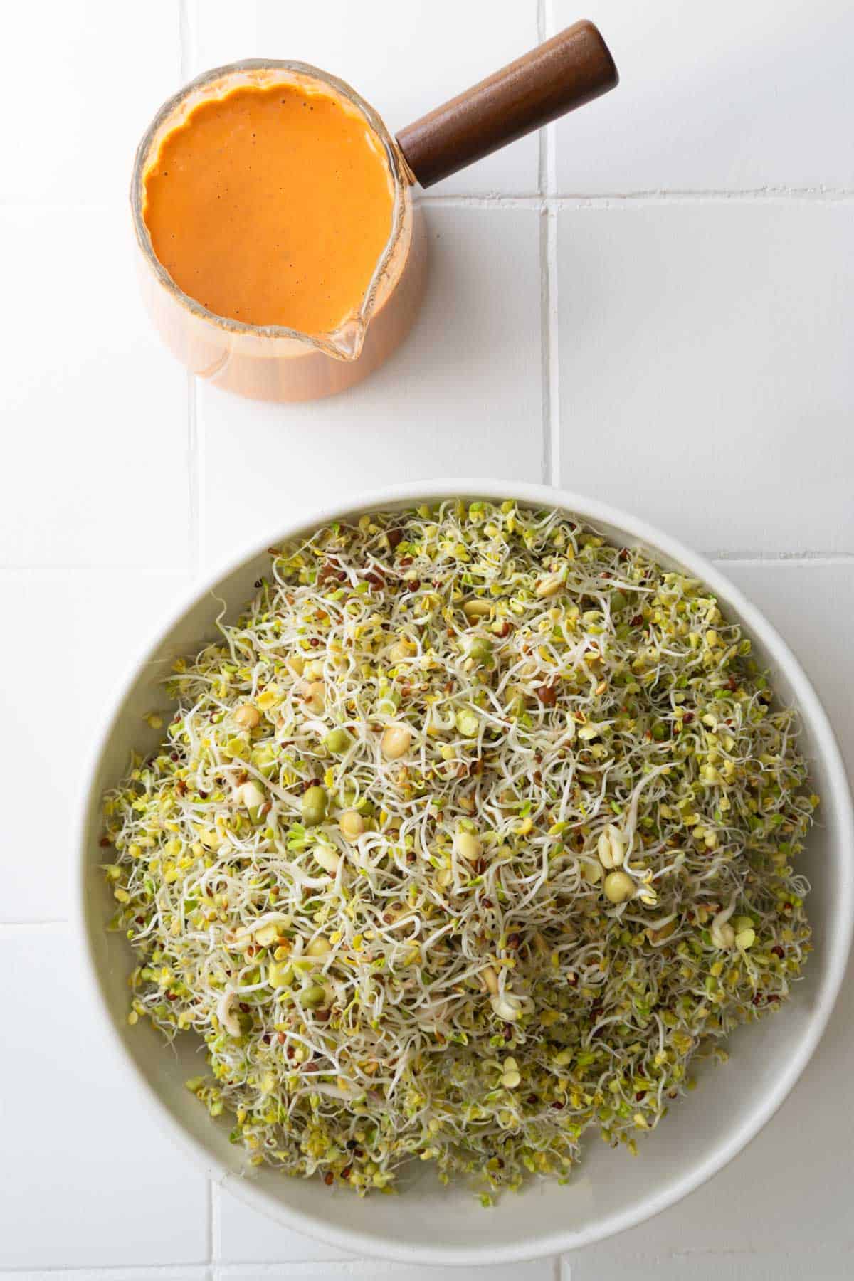 Sun-dried tomato dressing served with a bowl of sprouts.