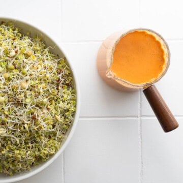 Sun-dried tomato dressing served with a bowl of sprouts.