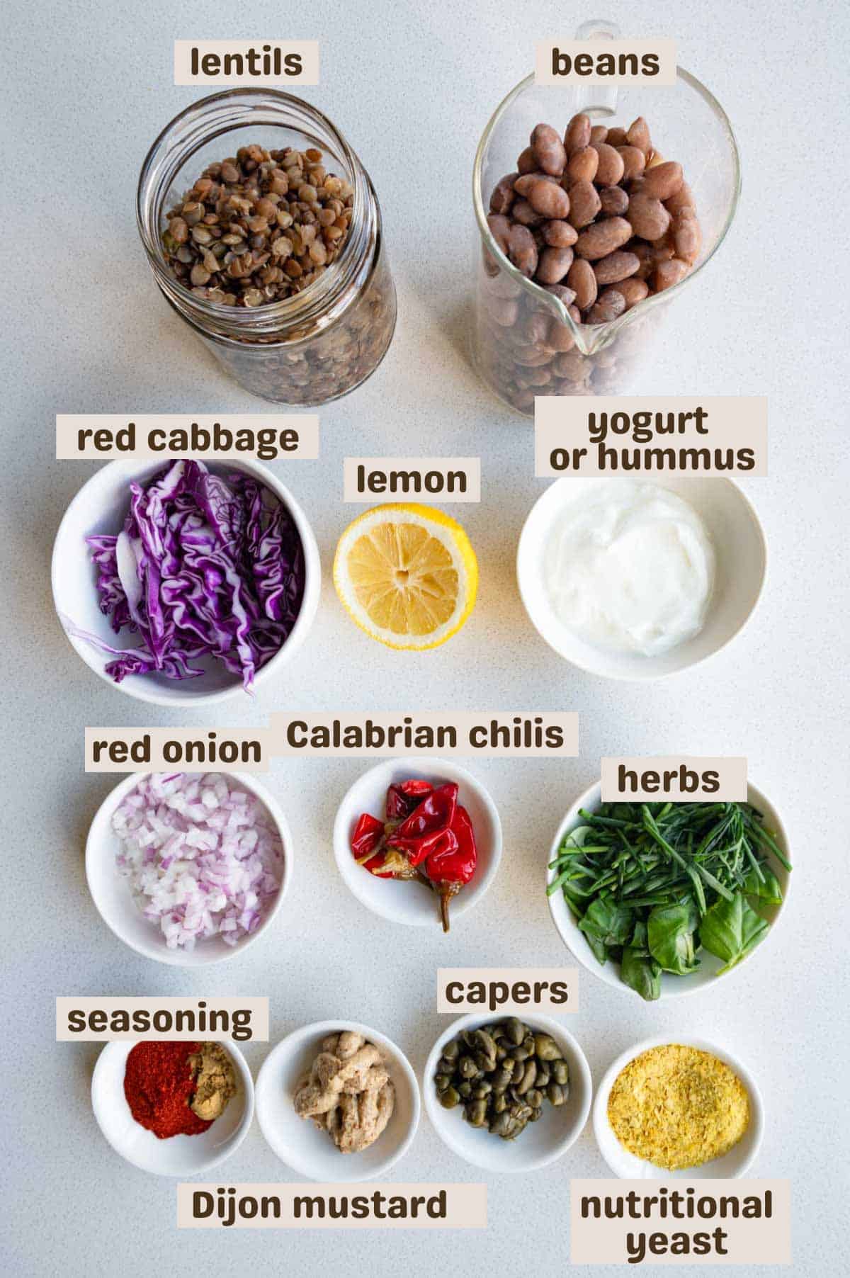 Lentils, beans, red cabbage, yogurt, lemon, Calabrian chilis, herbs, red onion, mustard, capers, red onion, and nutritional yeast.