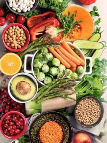Plant-based foods that support longevity including legumes and vegetables.