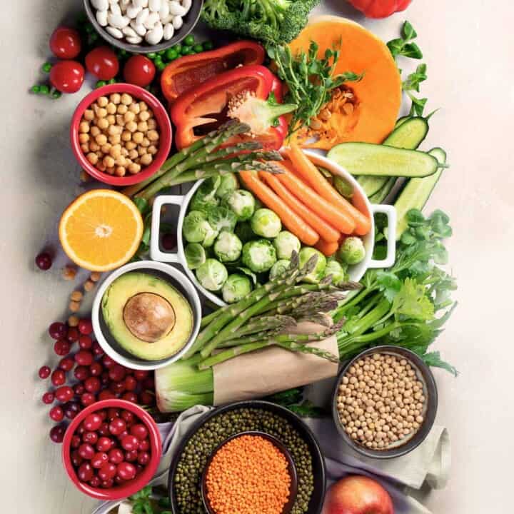 Plant-based foods that support longevity including legumes and vegetables.