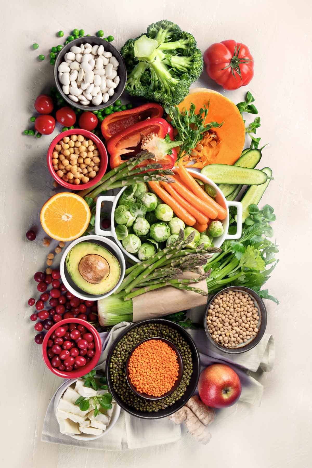 Plant-based foods that support longevity including legumes and vegetables.