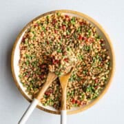 High-protein white bean barley salad in a bowl.