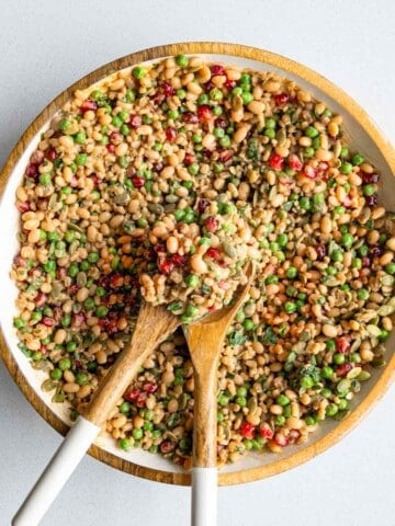 High-protein white bean barley salad in a bowl.