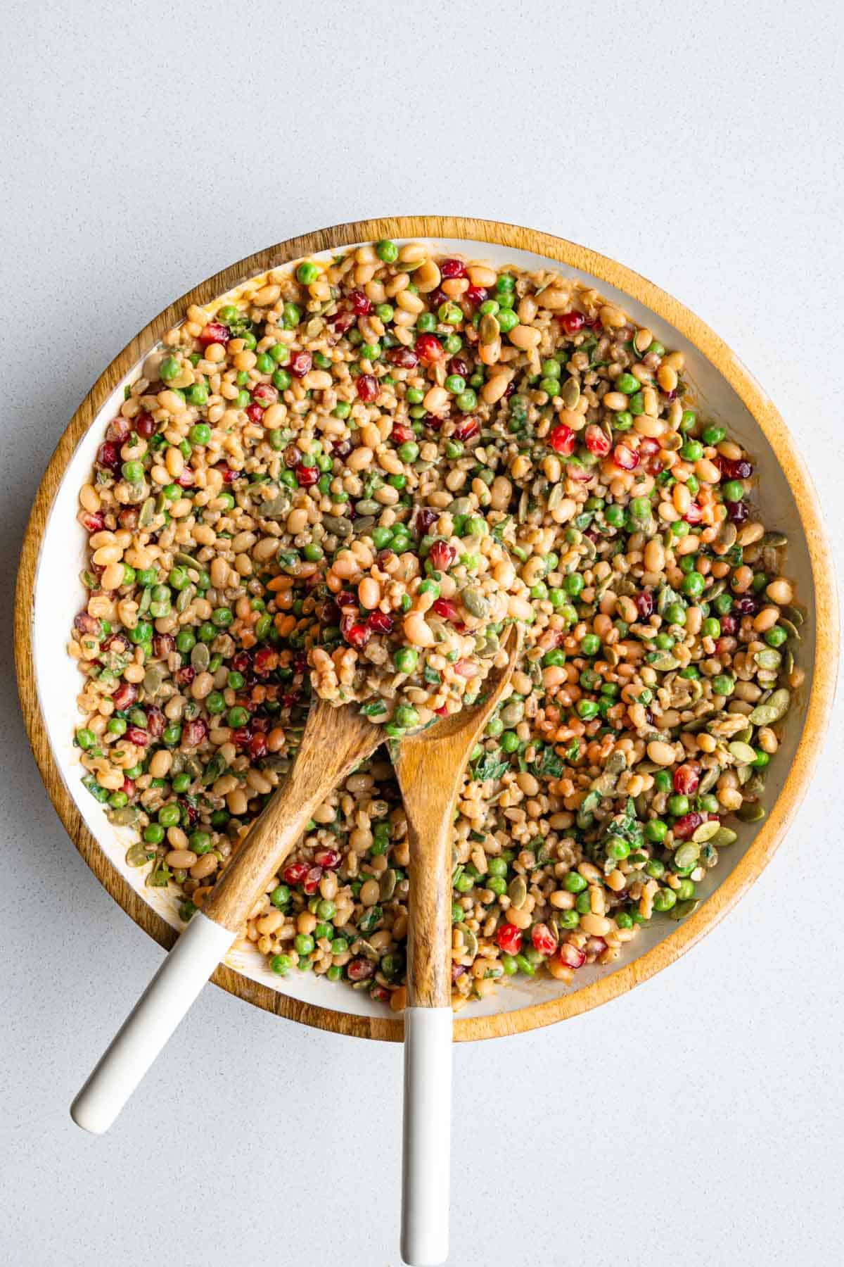 High-protein white bean barley salad in a bowl.