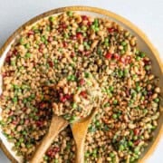 High-protein white bean barley salad in a bowl.