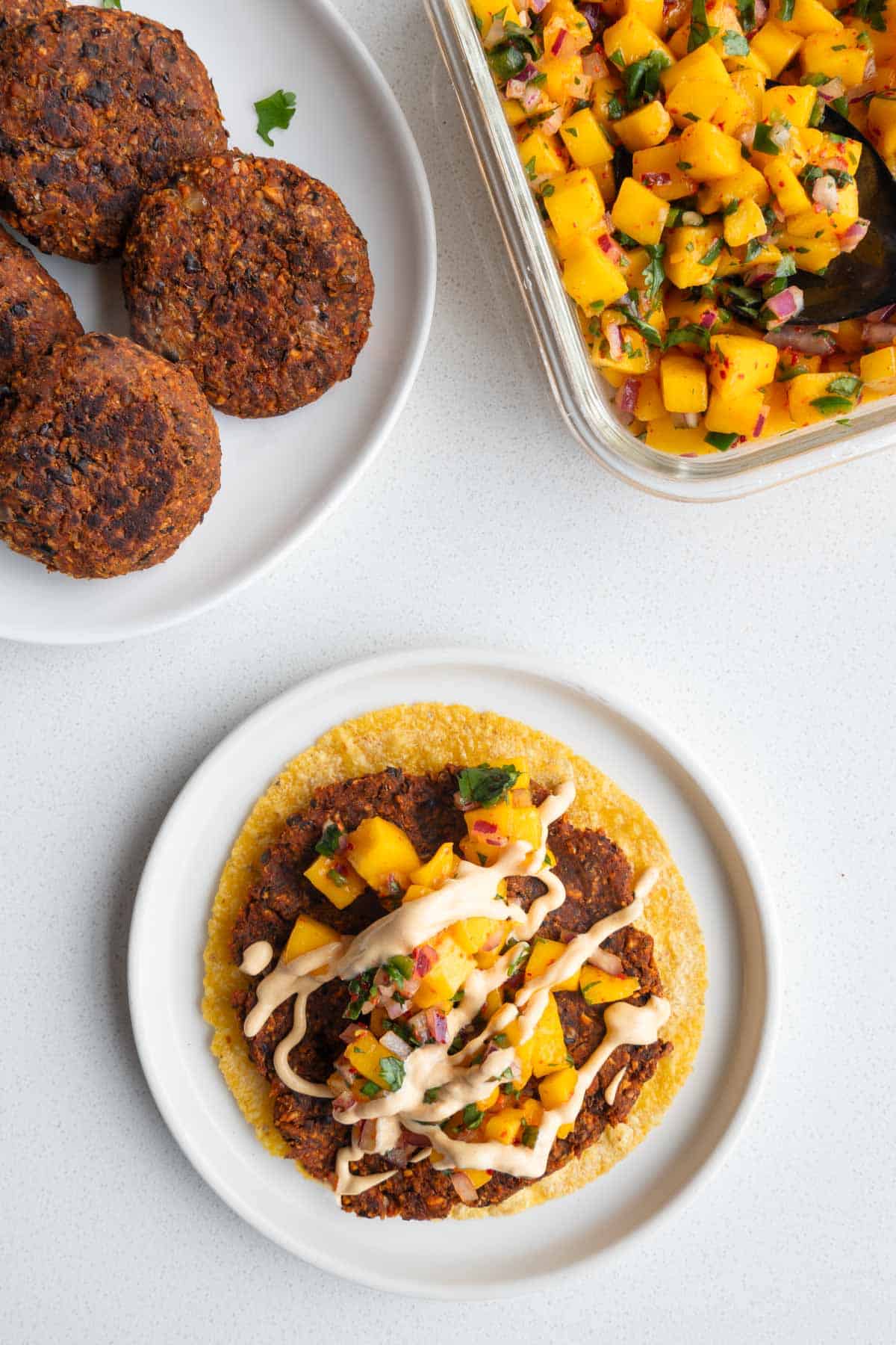 Burgers, smashed burger, and mango salsa.