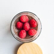 Cholesterol-lowering chocolate mousse in a glass container.