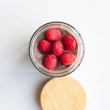 Cholesterol-lowering chocolate mousse in a glass container.