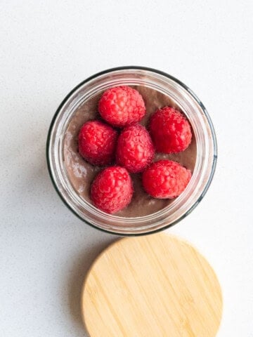 Cholesterol-lowering chocolate mousse in a glass container.