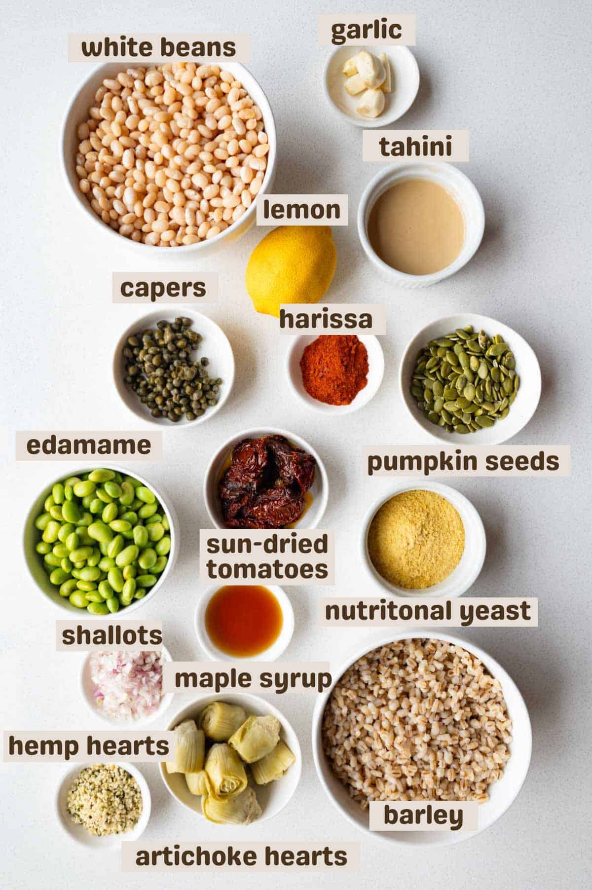 White beans, barley, edamame, sun-dried tomatoes, shallots, capers, hemp hearts, pumpkin seeds, artichoke hearts, garlic, lemon, harissa, and maple syrup.