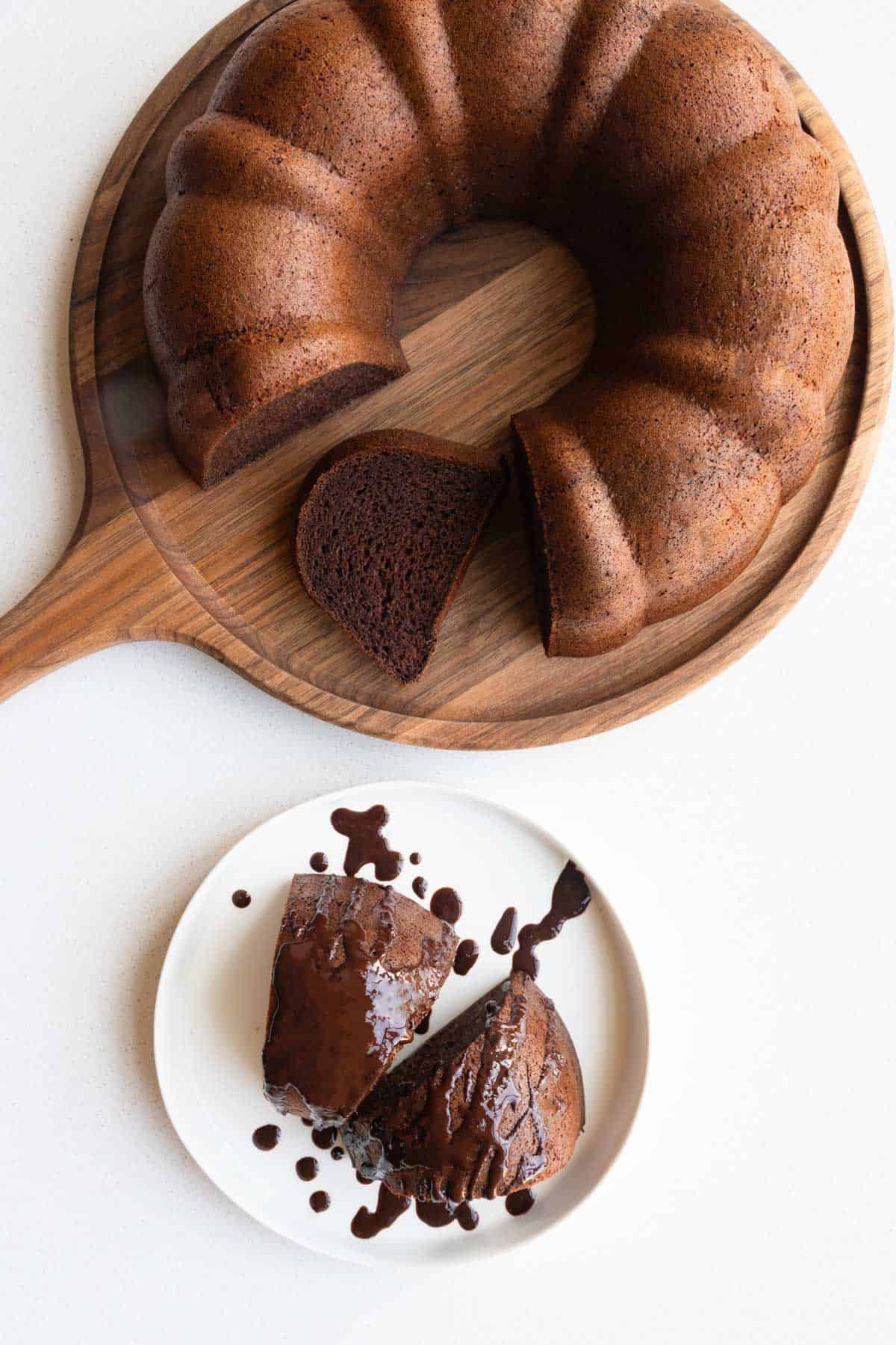 High-protein chocolate cake sliced on a cutting board. Vegan, flourless, and healthy.