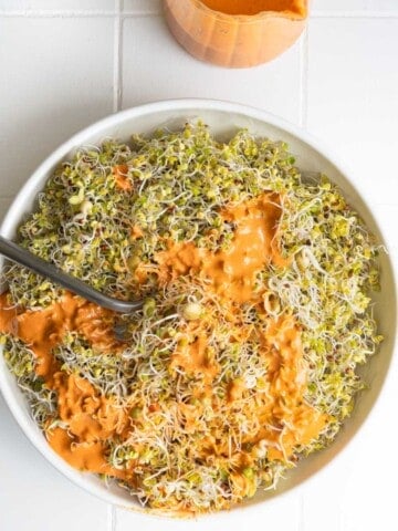 How to sprout seeds for food showing broccoli sprouts with creamy sun-dried tomato dressing.
