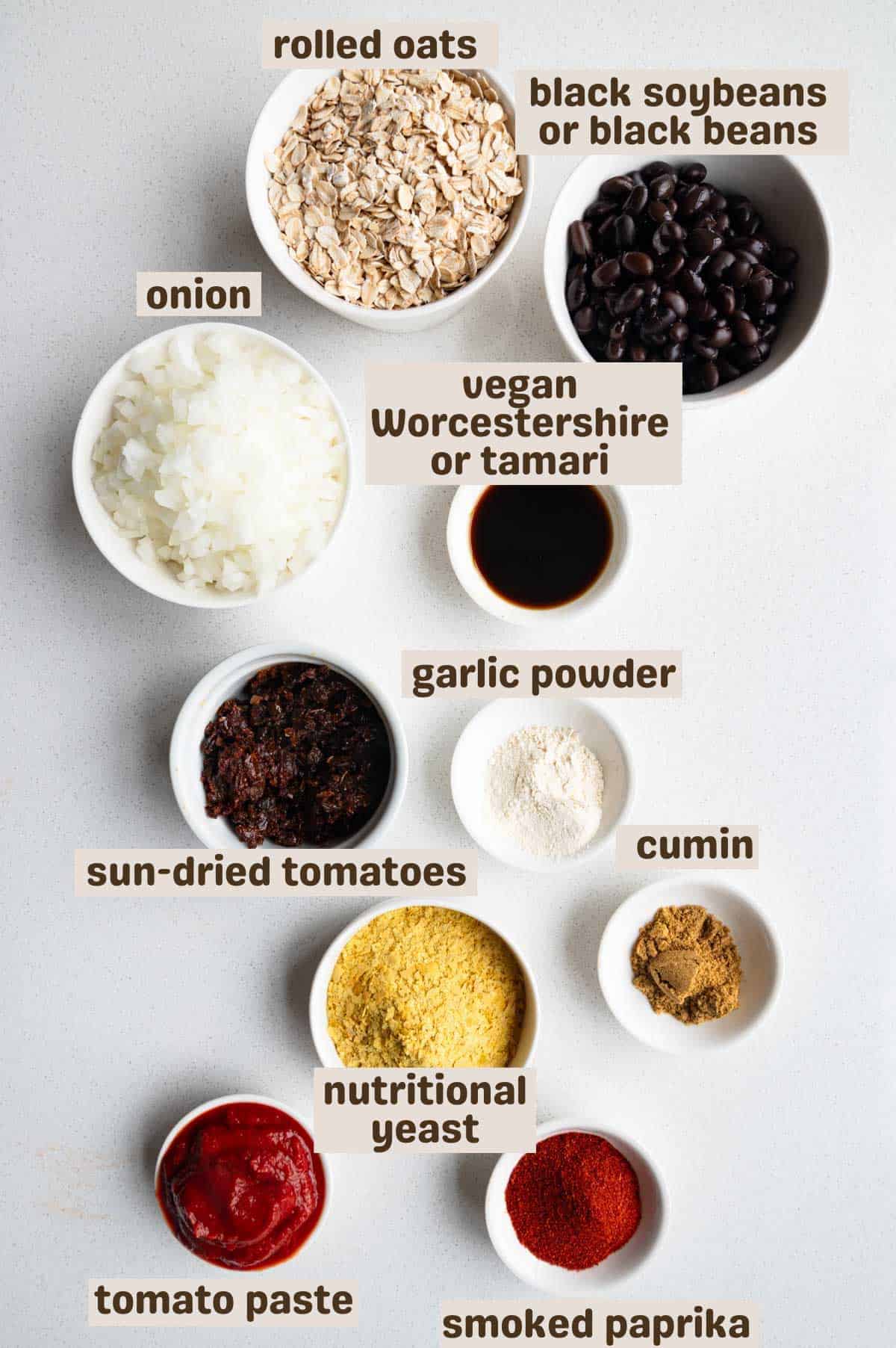 Rolled oats, black beans, vegan Worcestershire sauce, tomato paste, nutritional yeast, smoked paprika, onion, cumin, and garlic powder.