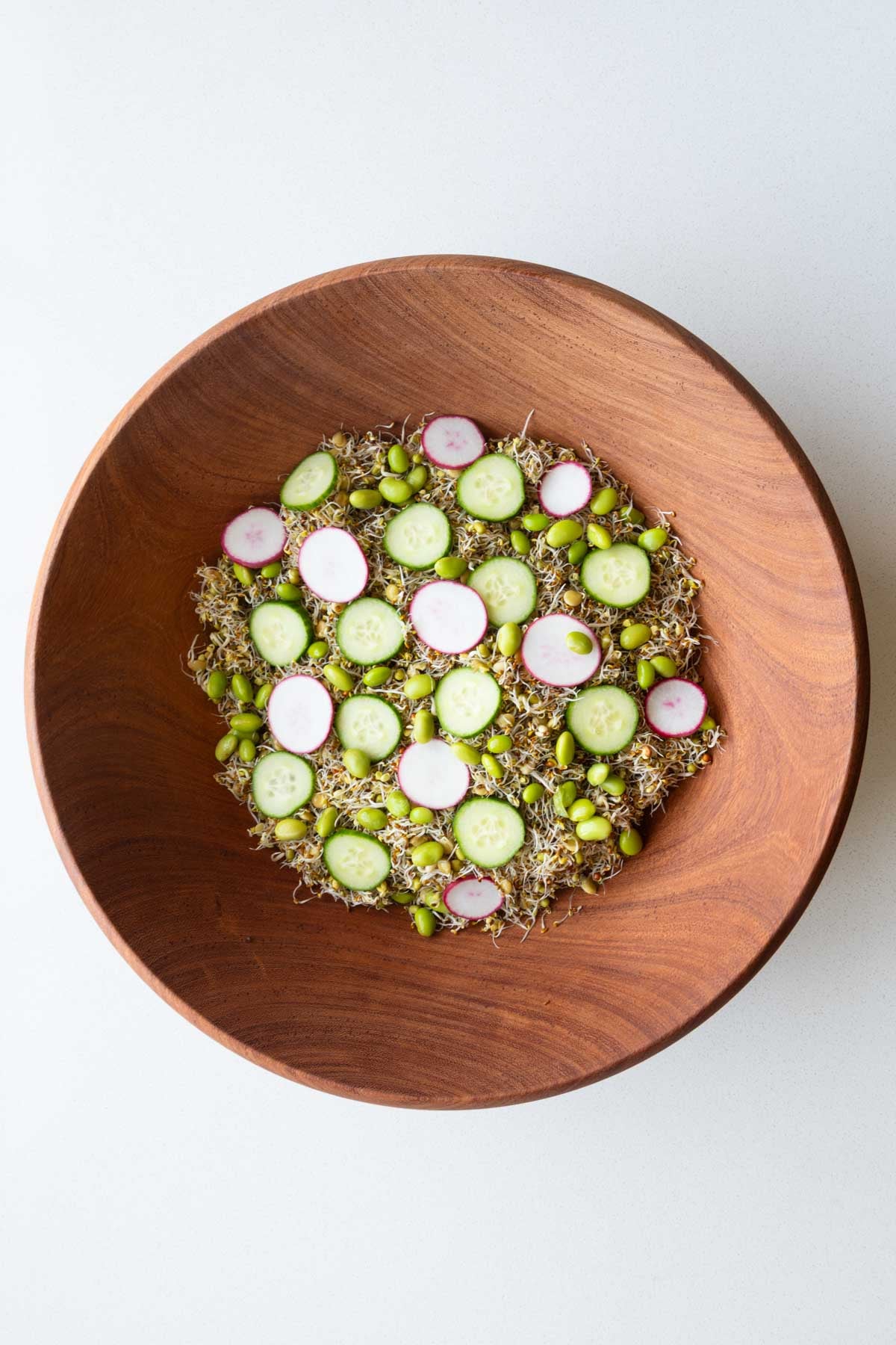 Sprouts with radish, edamame, and cucumber salad.