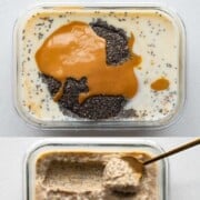 Chia Seed Peanut Butter Pudding in a glass dish and another dish showing all the ingredients before mixing.