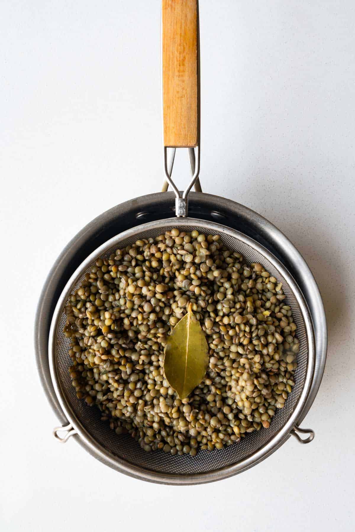 Cooked French lentils in a fine mesh sieve draining.