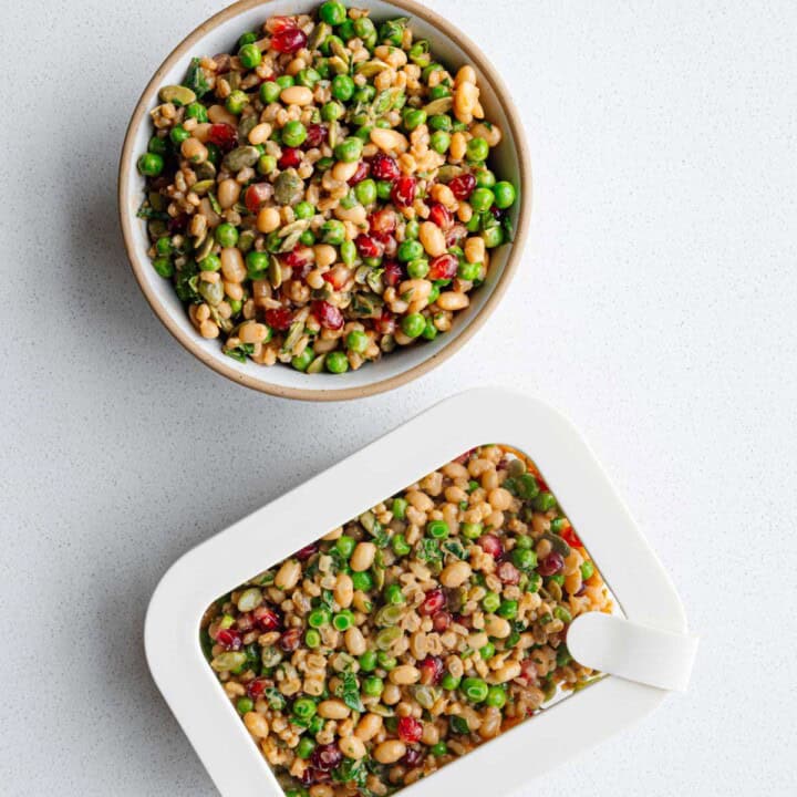 High-protein meal-prep barley salad in a bowl and airtight container.