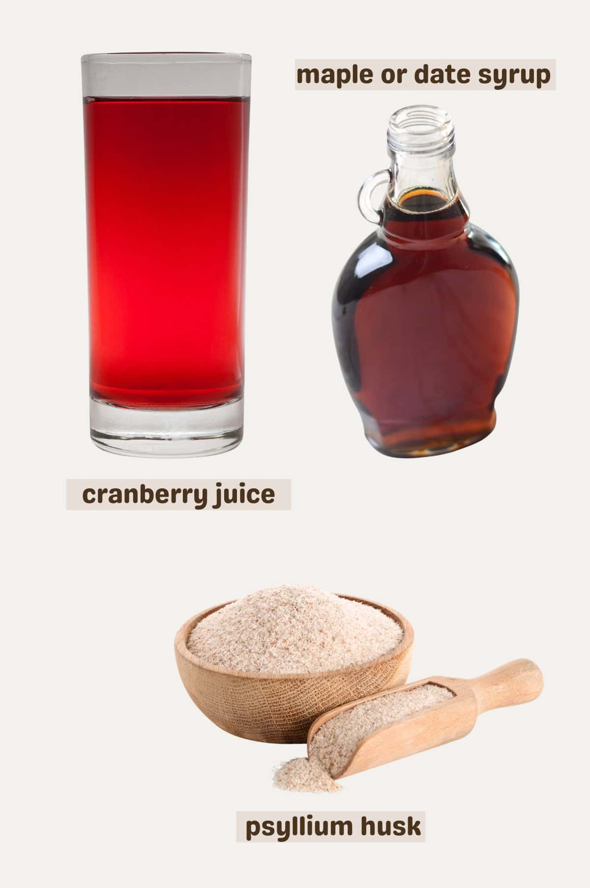 Cranberry juice, psyllium husk, and maple syrup.