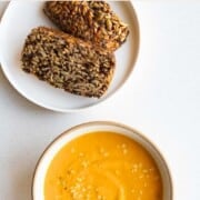 Creamy lentil barley soup with homemade bread.