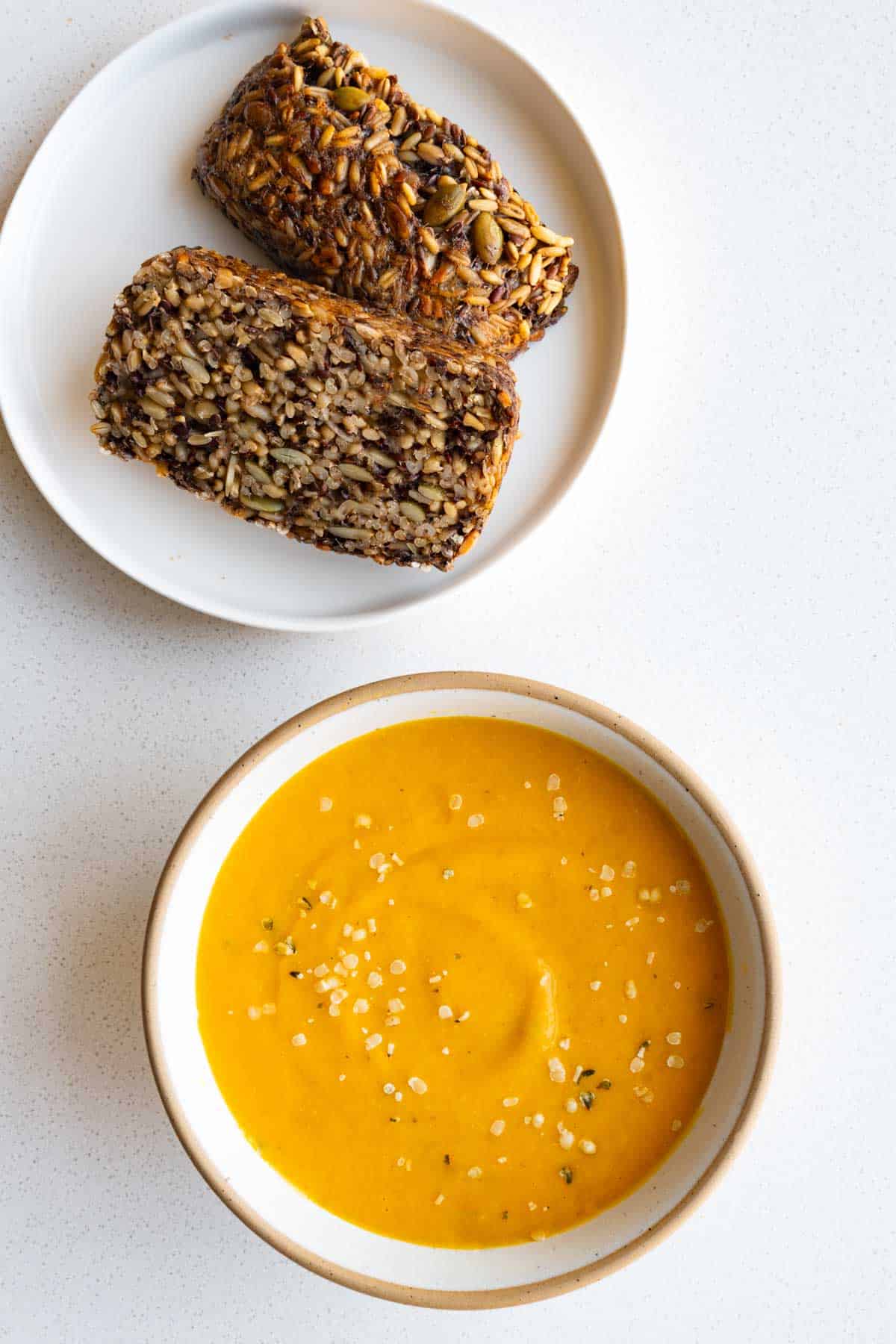 Creamy lentil barley soup with homemade bread.