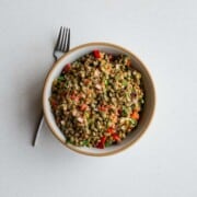 Lentil salad in a bowl with a fork.