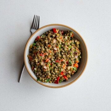 Lentil salad in a bowl with a fork.