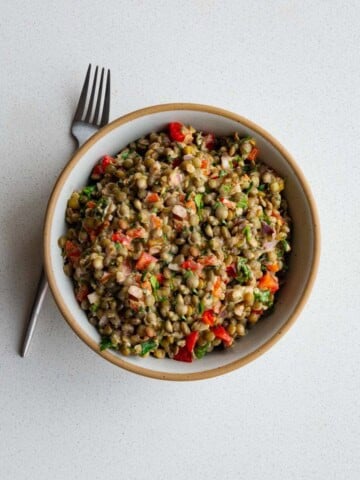 Lentil salad in a bowl with a fork.