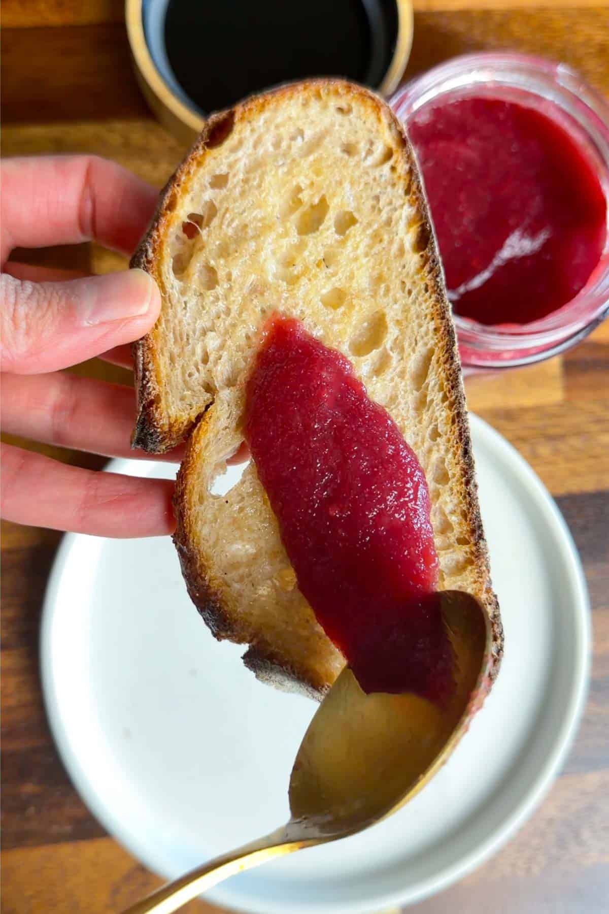 Spreading psyllium jelly on toast.