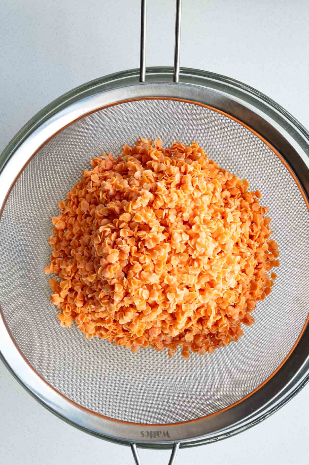 Rinsed red lentil in a fine mesh sieve.