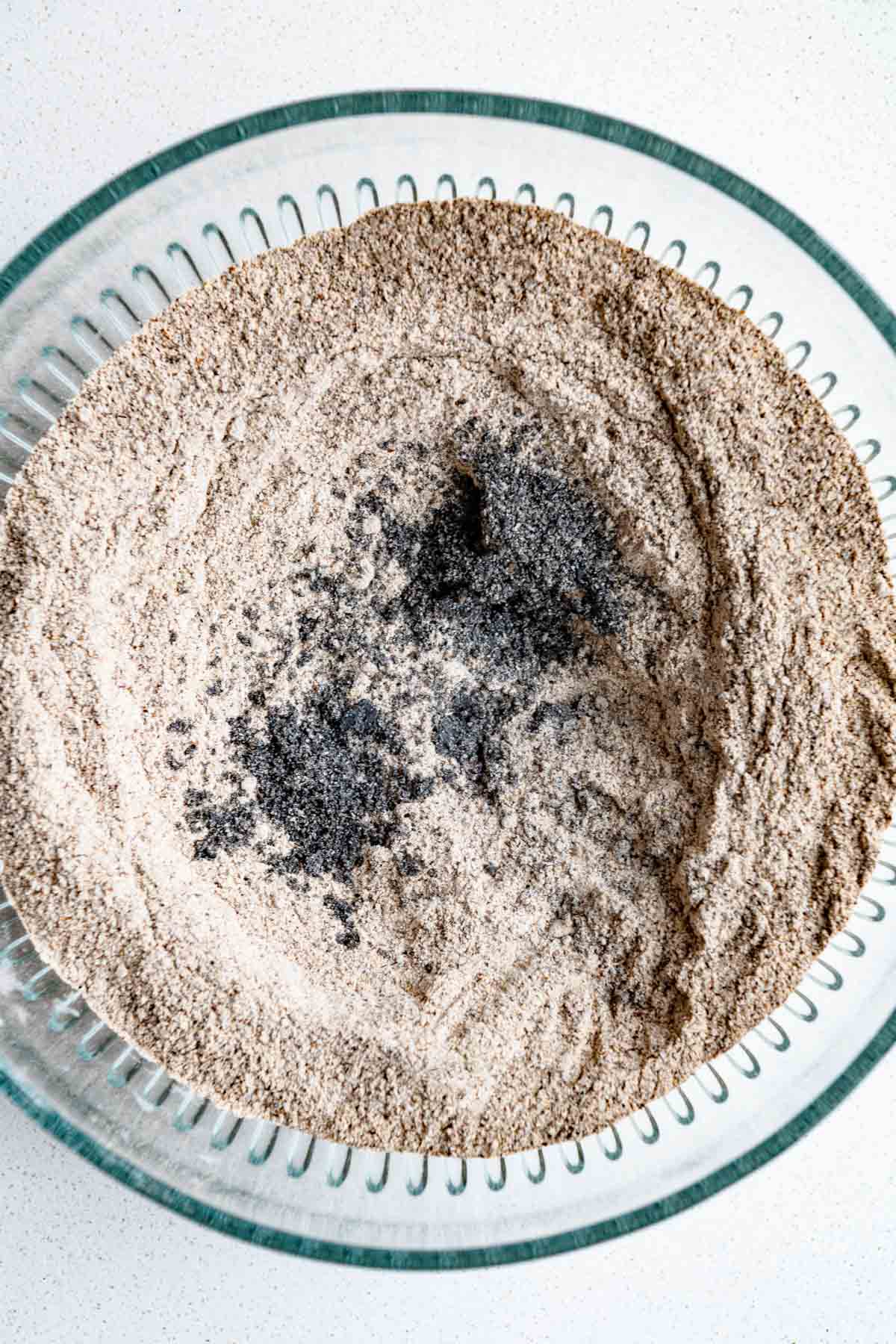 Dry ingredients in a glass bowl.