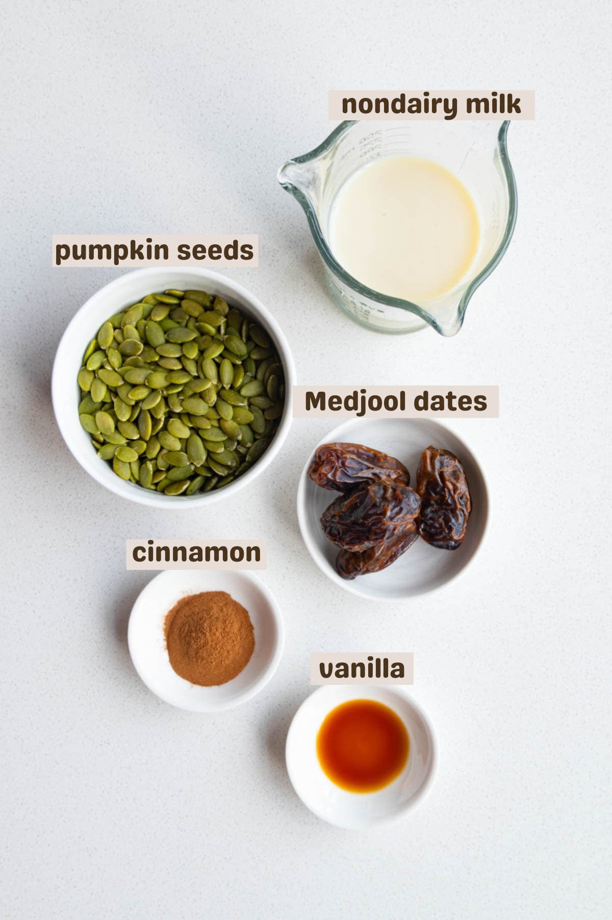 Vanilla extract, cinnamon, nondairy milk, pumpkin seeds, and Medjool dates.