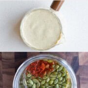 Pumpkin seed dressing in a glass container, and ingredients in a glass jar.