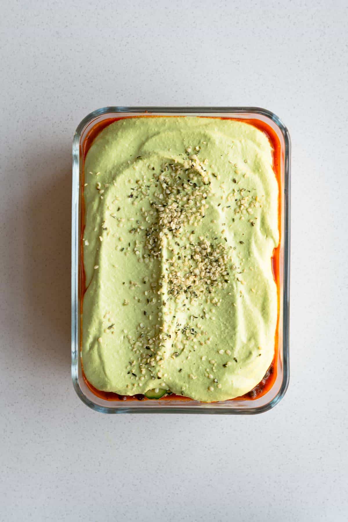Vegan, No Noodles Lasagna in a baking dish.