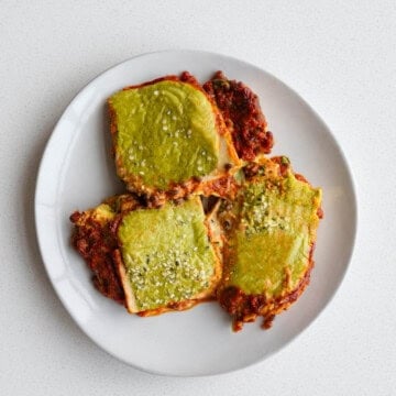 Zucchini Lasagna (Vegan, High Protein & No Noodles) on a white plate.